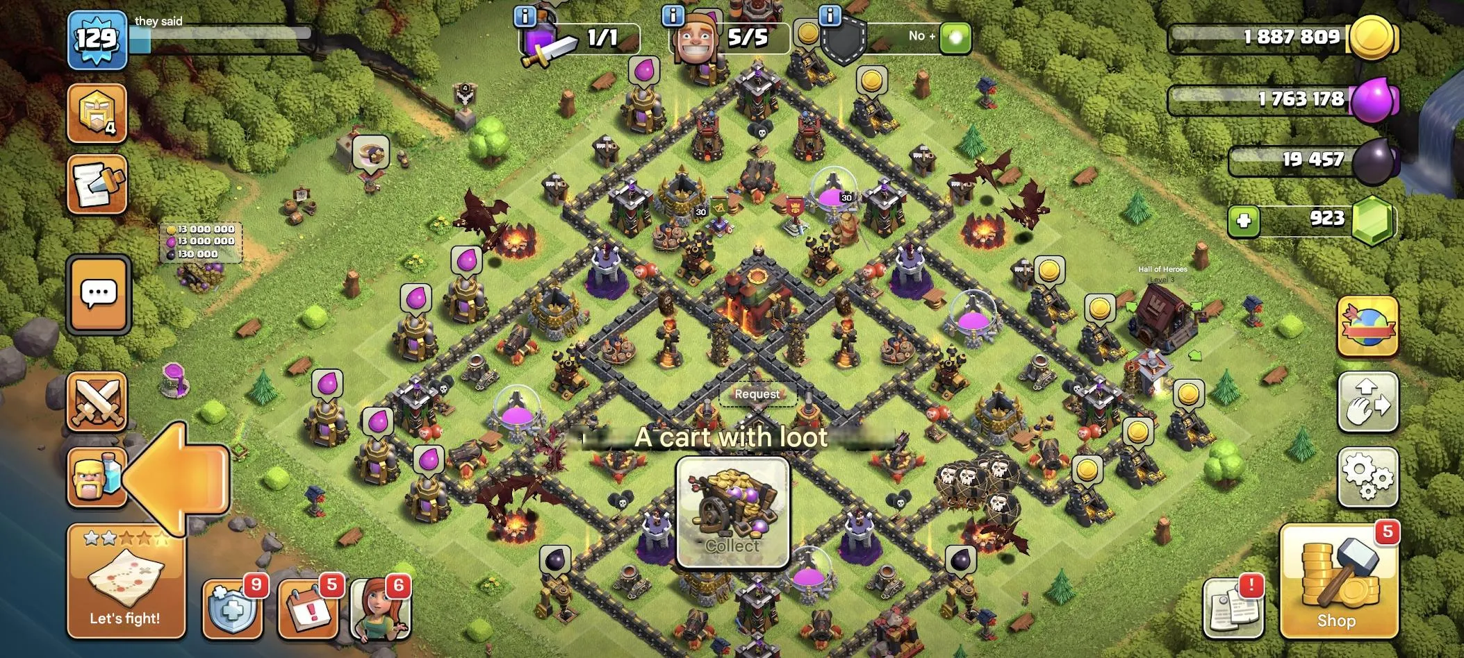 COC575 TH10 129 LVL Heroes 30/30/1 5 Builders Clan Chief 4 920 Gems Gold 1 League 